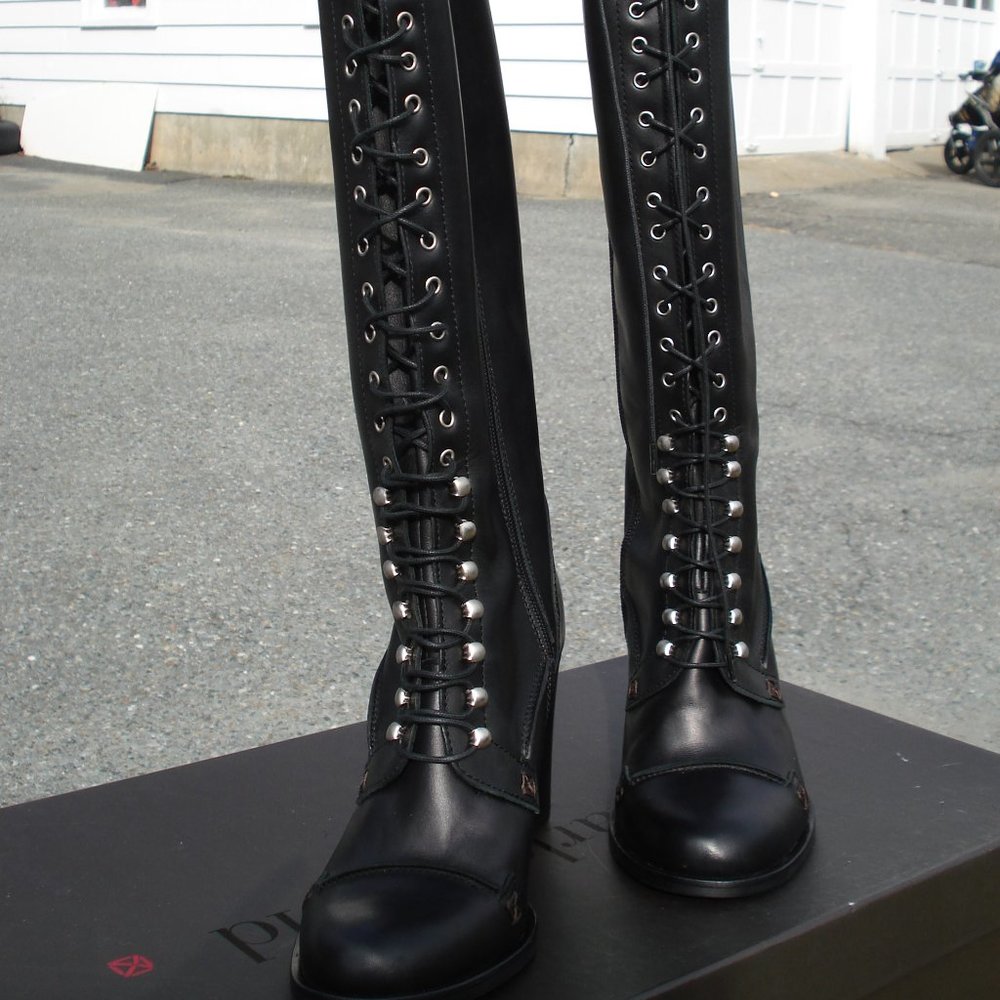 Charles David Knee High Lace Up Griot Leather Boot